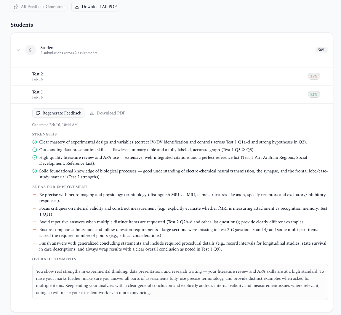 Screenshot of the student reports page with feedback and PDF download