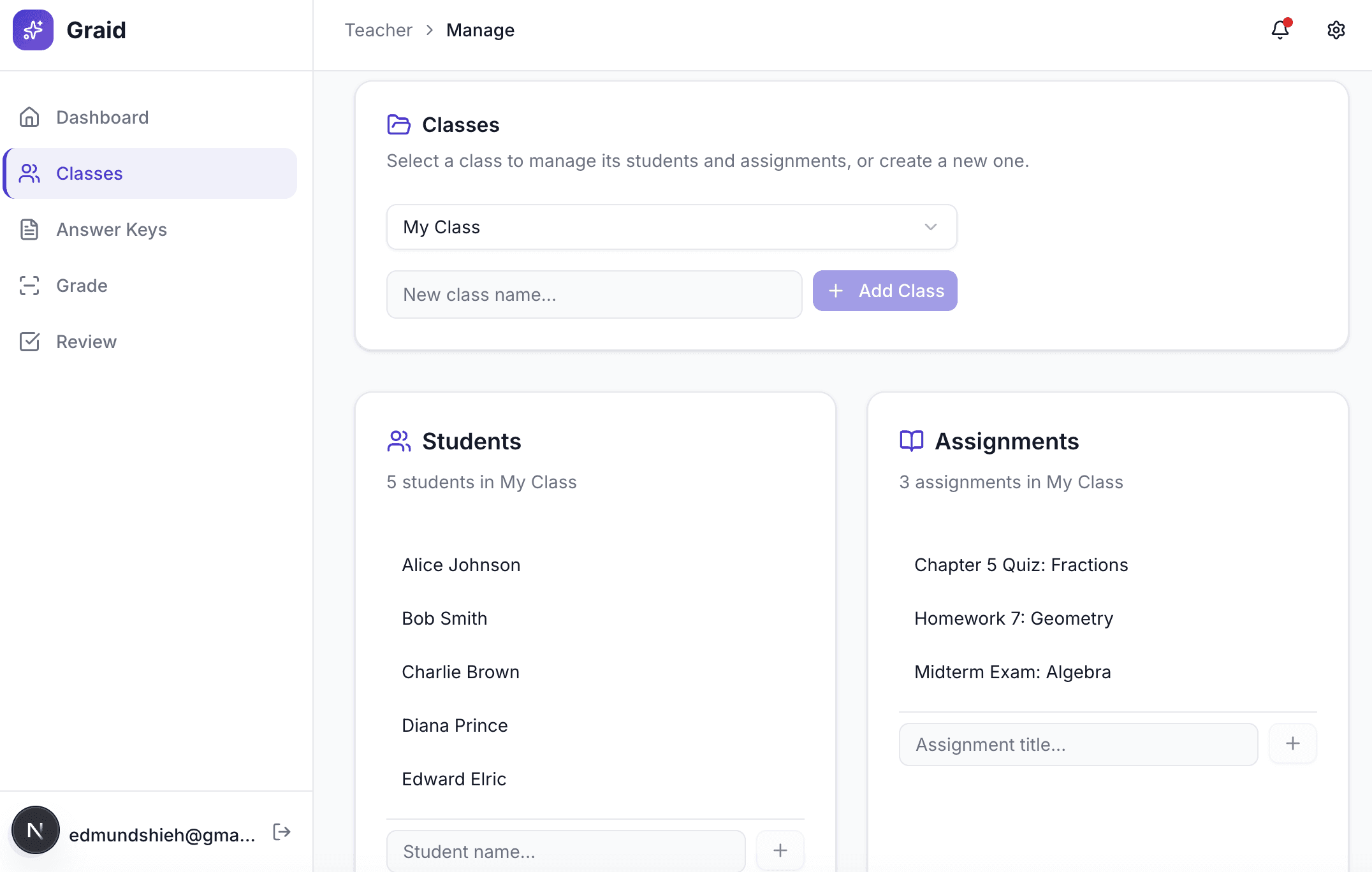 Screenshot of the create assignment screen