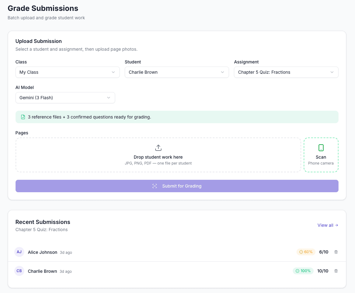 Screenshot of the student phone capture screen